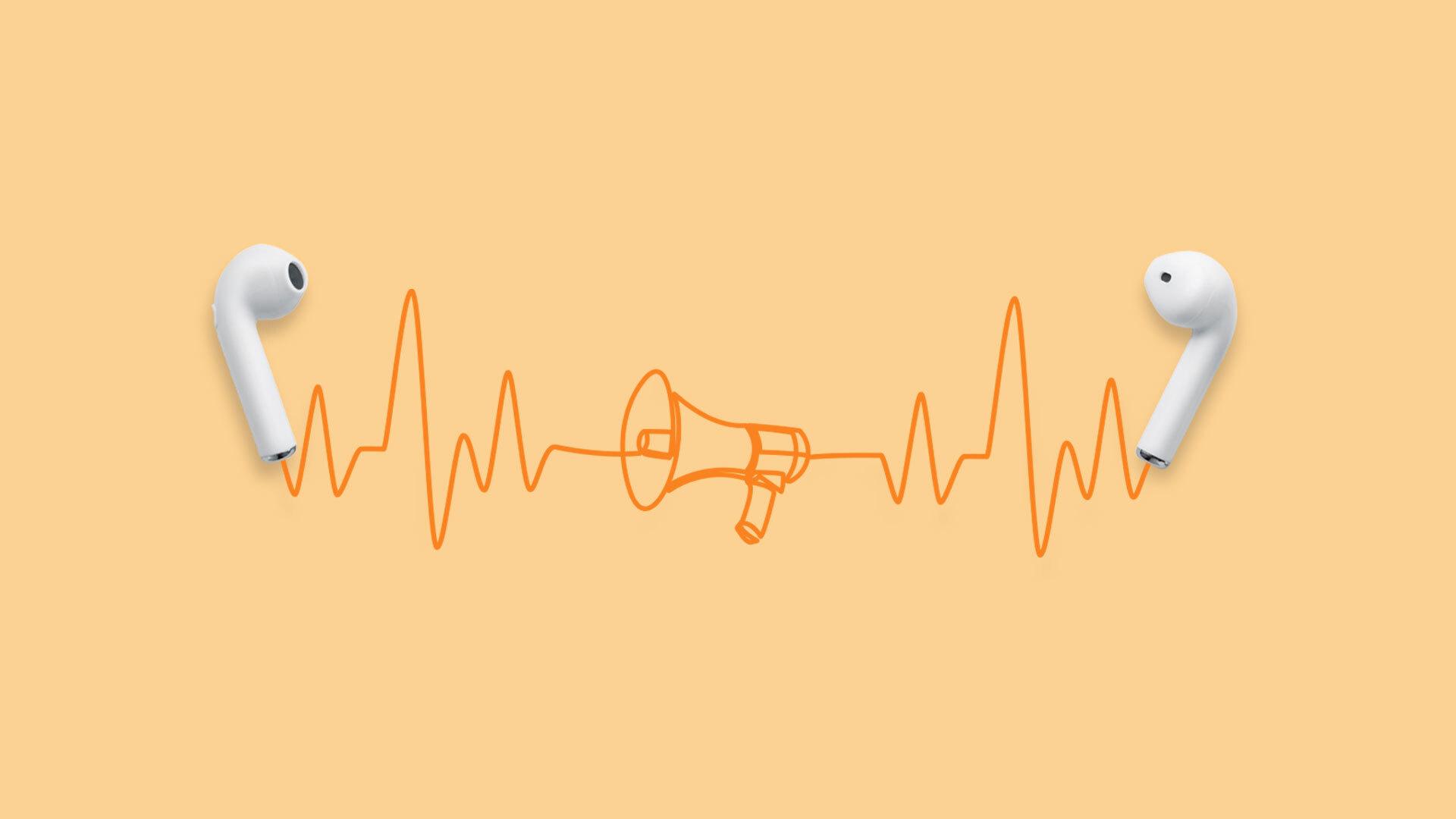 Pair of airpods laying on a light orange solid background with illustrated lines and a megaphone in between them