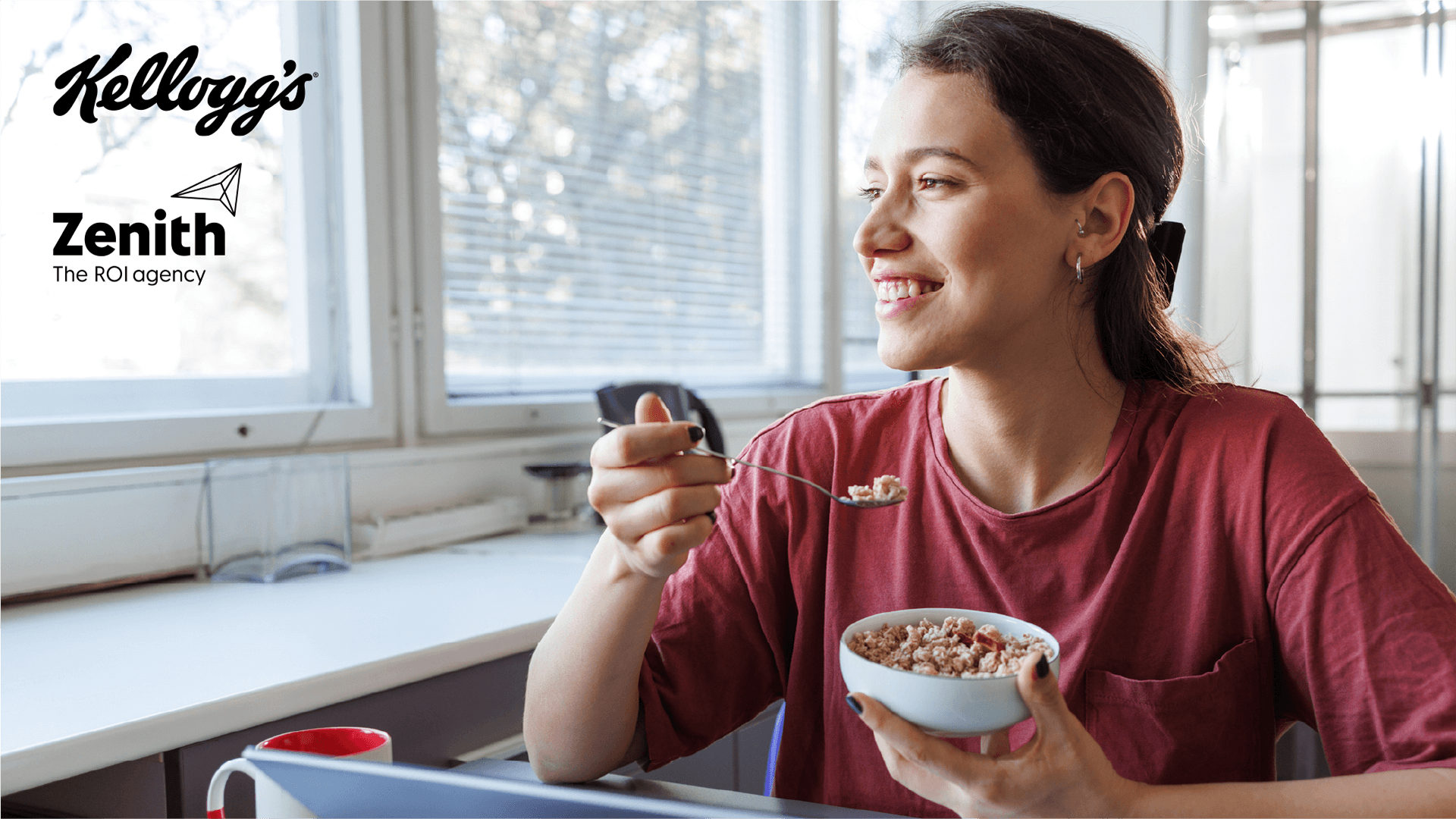 Image shows a woman eating a bowl of cereal. Kelloggs and Zenith the ROI agency are featured in the top left corner.