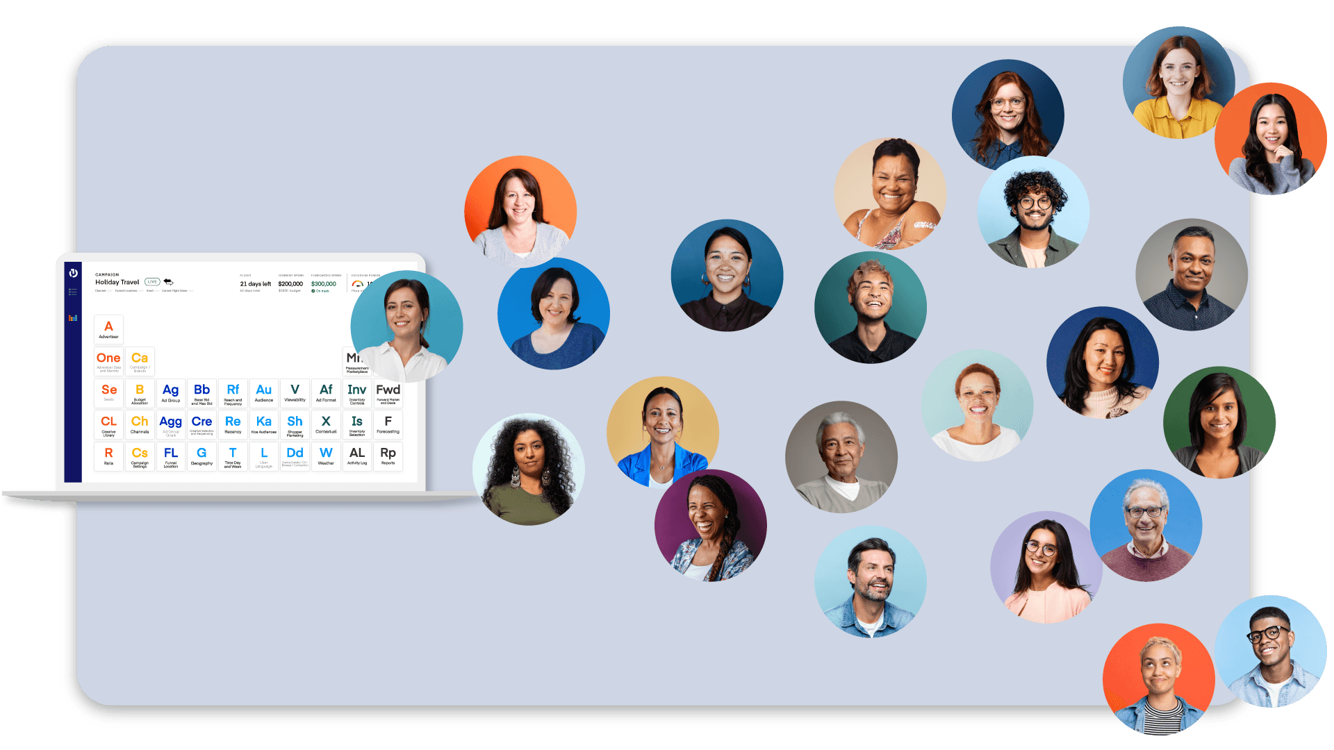Gray background with a laptop displaying maintaining targeting on The Trade Desk